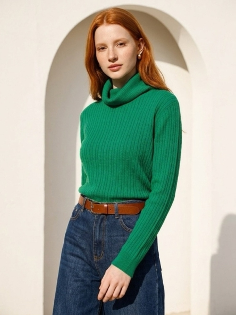 Kim Rogers - Ribbed Cotton Turtleneck Sweater - Forest Green - Size Large